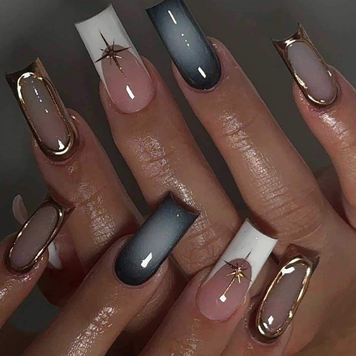 Elegant Ombre Press-On Nail Set with Gold Accents Acalora