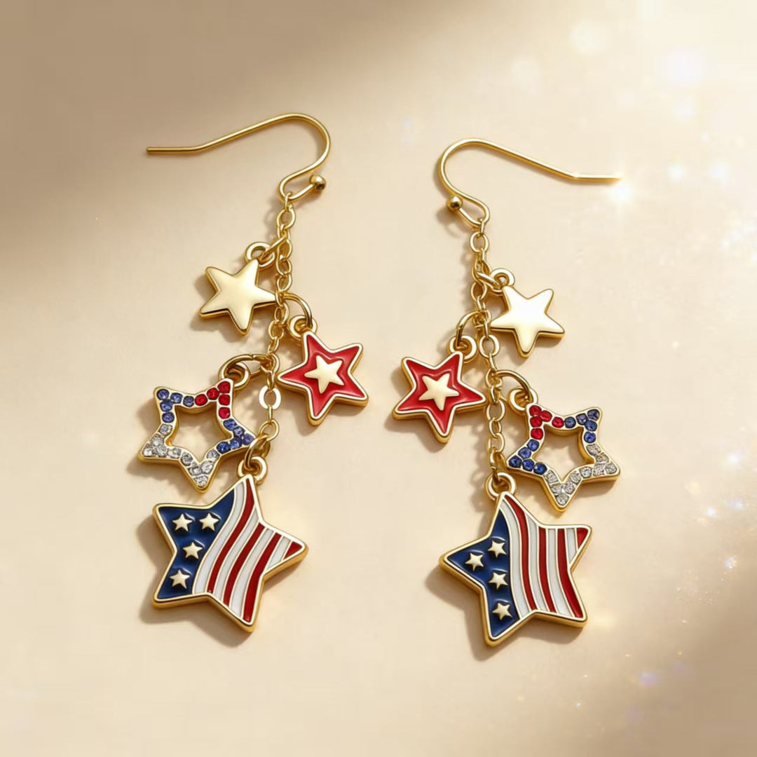 Women multi-strand star drop earrings with enamel stars, crystal accents and gold-plated surface Kalsten