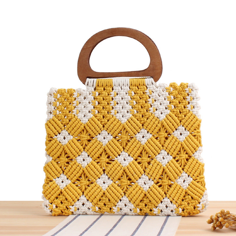 Macrame Tote Bag with Wooden Handles and Floral Details Kalsten