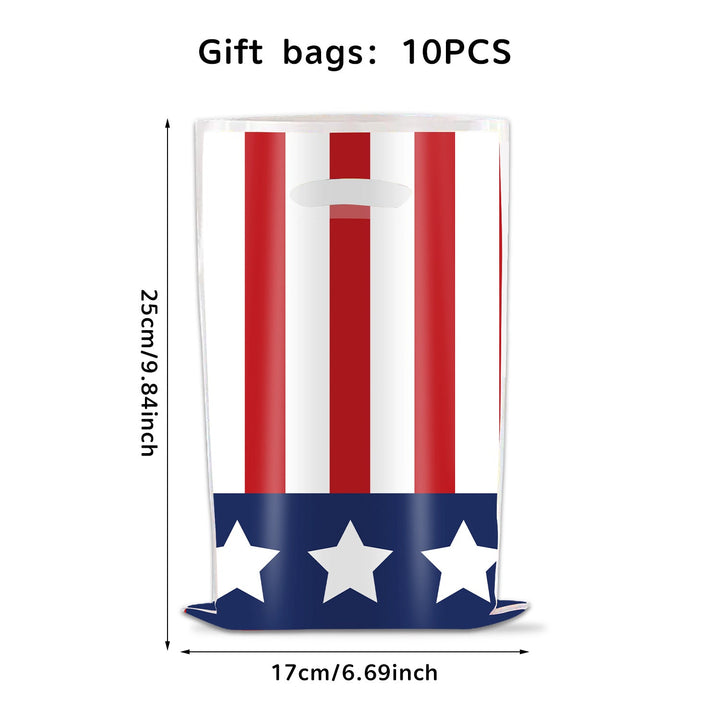Unisex nan gift bags set with USA flag motif made of sturdy plastic and integrated handle ten pack Kalsten