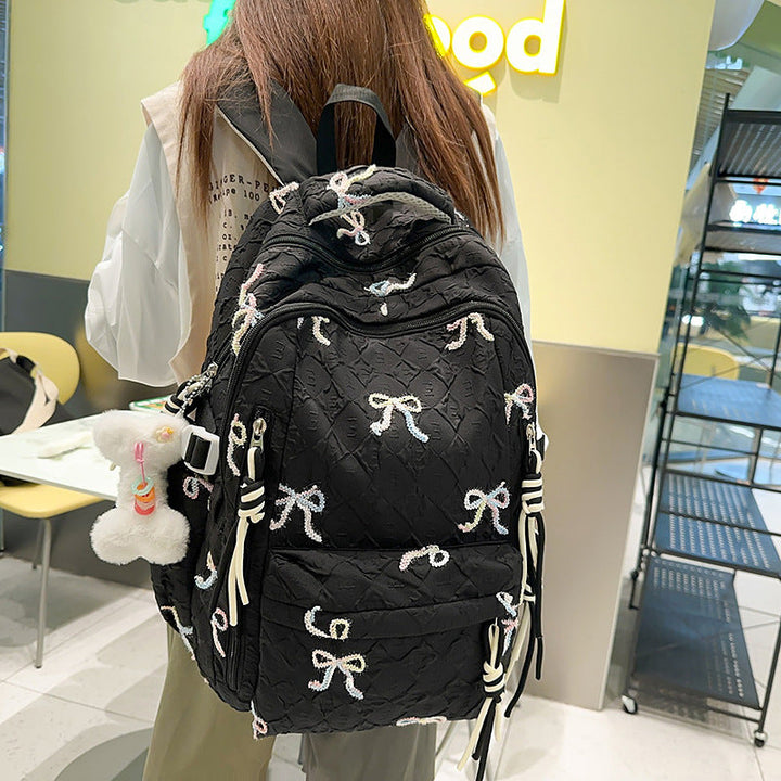 Quilted Embroidered Bow-Design Backpack Kalsten