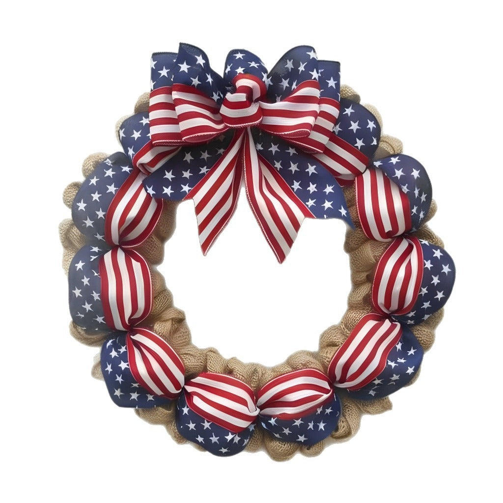 Unisex nan rustic jute door wreath with patriotic star and stripe ribbon and voluminous bow Kalsten