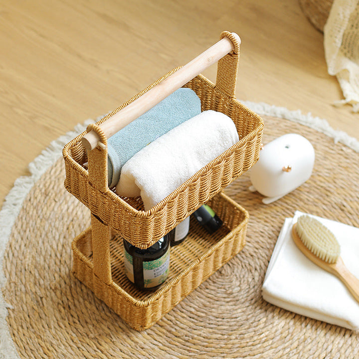 Unisex Two-Tier Storage Basket with Wooden Handle Kalsten