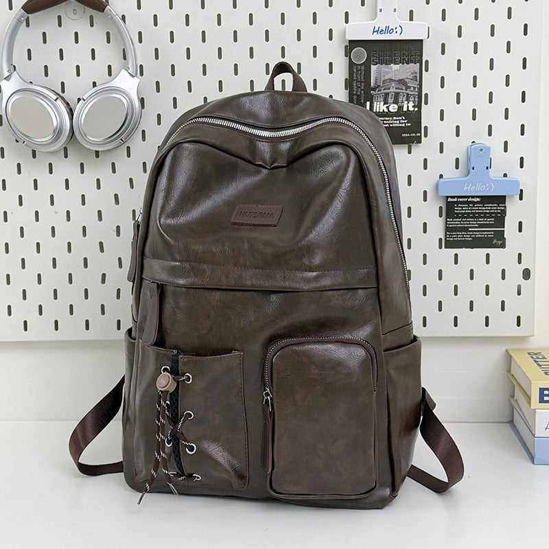 Multi-Pocket Leather School Backpack