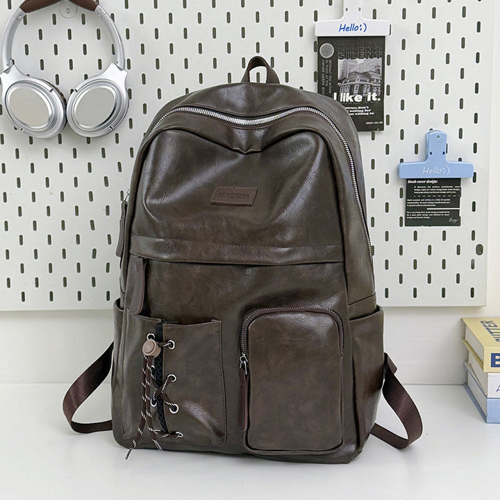 Multi-Pocket Leather School Backpack