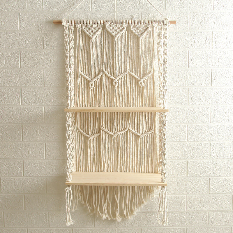 Decorative Wall-Mounted Macrame Shelf with Natural Wooden Accents Acalora