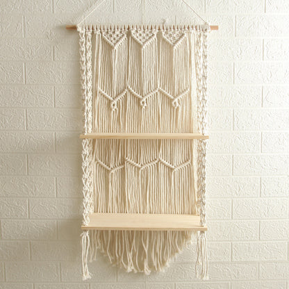 Decorative Wall-Mounted Macrame Shelf with Natural Wooden Accents Acalora
