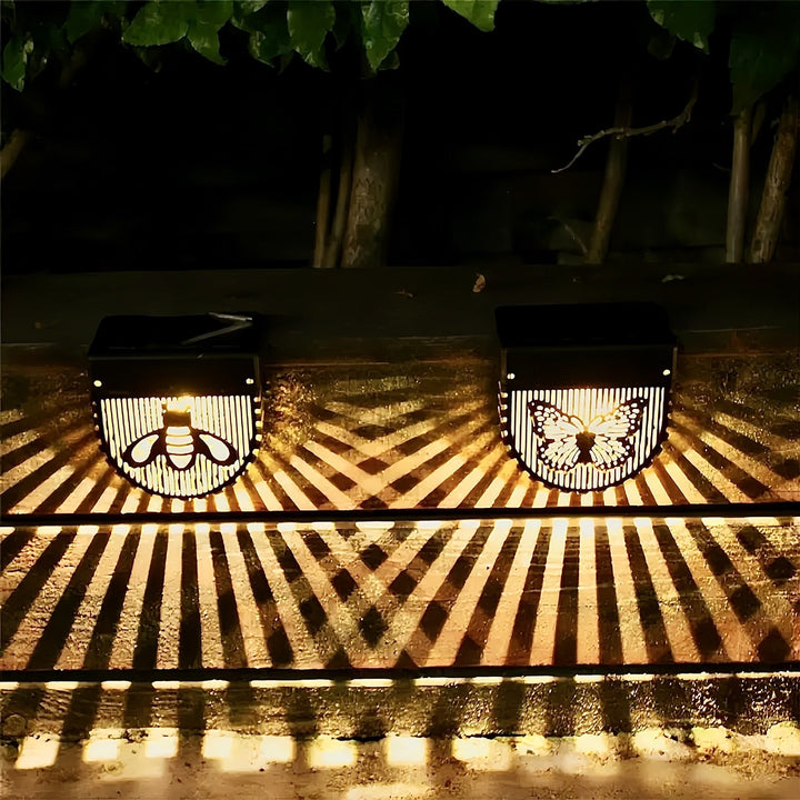 Decorative Solar-Powered Outdoor Wall Lanterns With Laser-Cut Insect And Floral Panels And Warm LED Ambiance Kalsten
