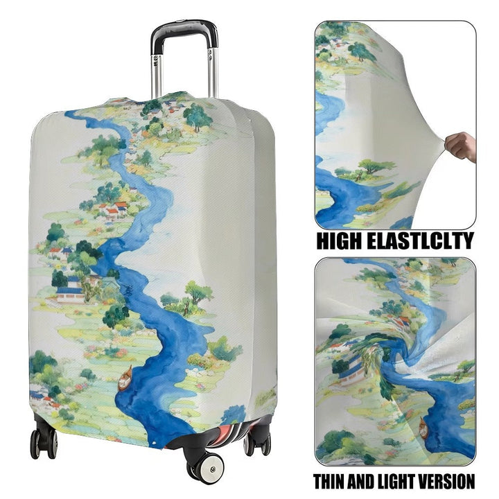 Unisex nan elastic suitcase cover with detailed river and village illustration print, tear-resistant stretch protection for hard shell and fabric trolley Kalsten