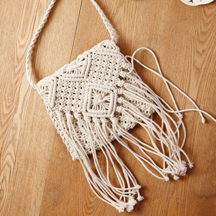 Macrame Crossbody Bag with Fringes and Decorative Details Kalsten