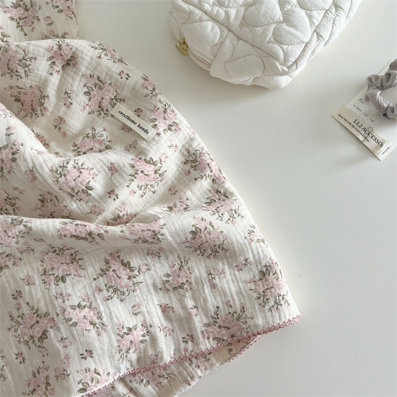 Unisex Cotton Muslin Blanket with Floral Design and Ruffle Details Kalsten