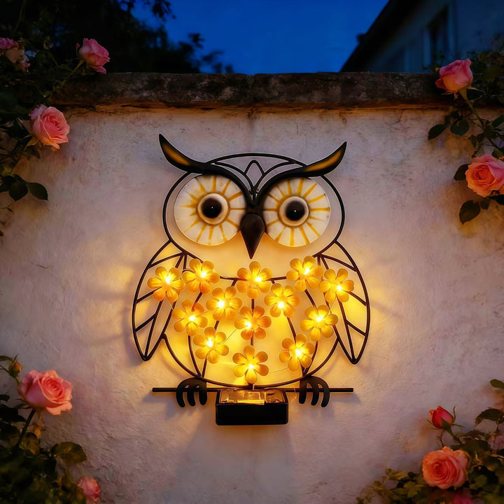 Metal Owl Wall Art With Solar Powered LED Floral Lights And Iron Frame Kalsten