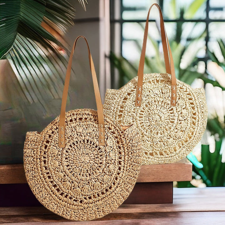 Handcrafted Round Straw Bag with Elegant Leather Handles Kalsten