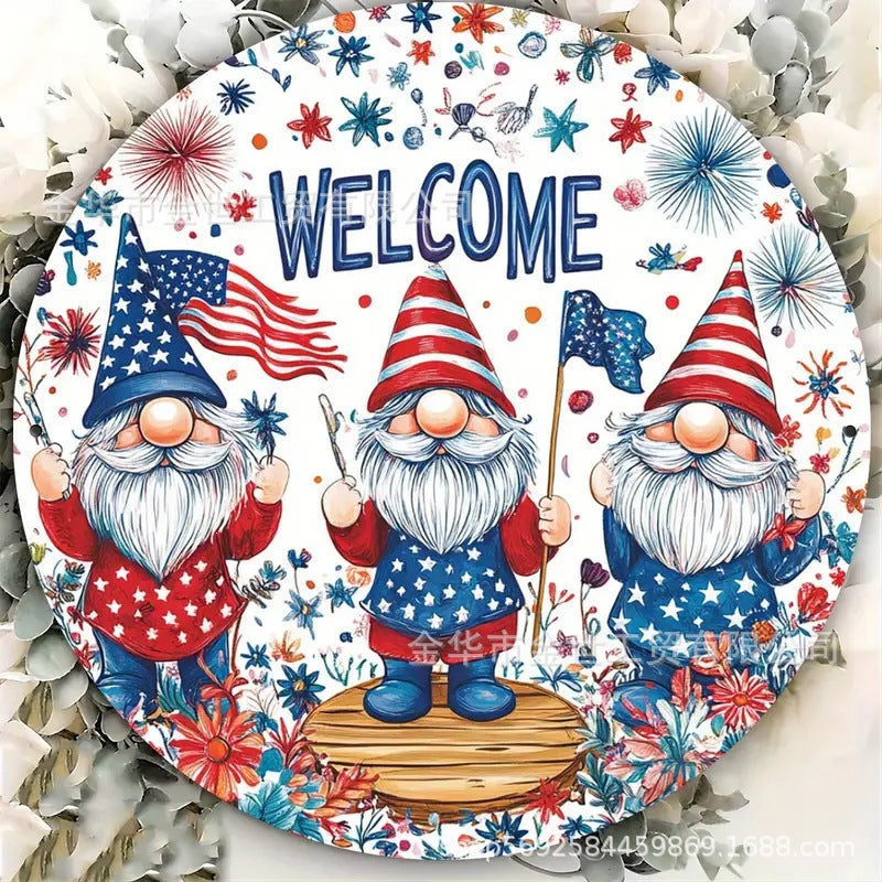 Independence Day rustic round wooden patriotic cross wall plaque with floral accents and God Bless America banner Kalsten
