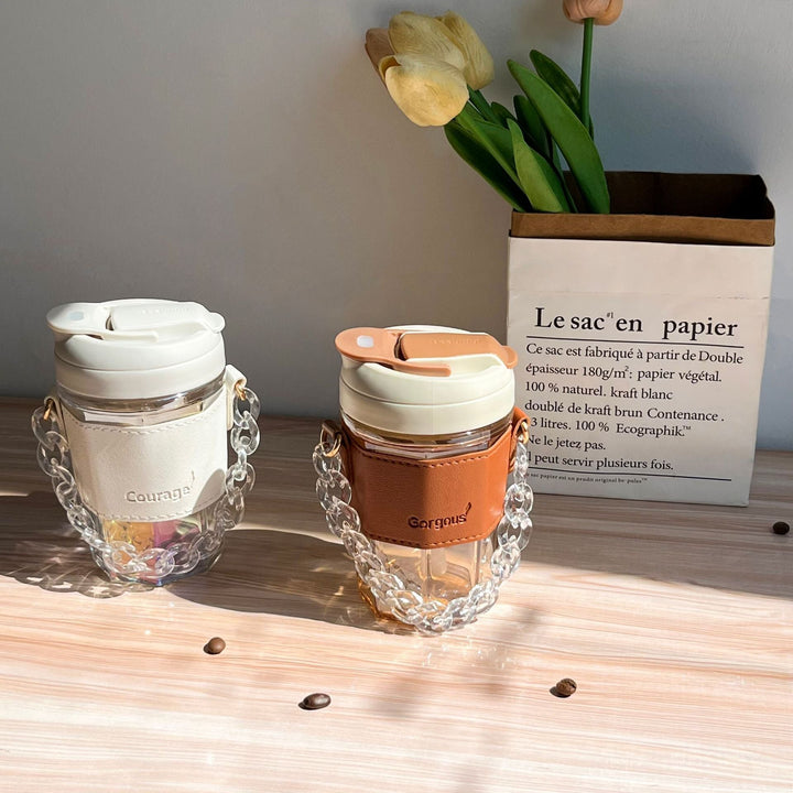 Ladies trendy glass cup with chain carrying strap Kalsten
