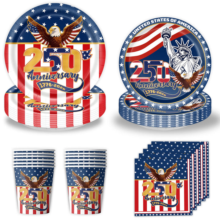 Unisex nan Patriotic Anniversary Disposable Tableware Party Kit with Stars Stripes Plates Cups Napkins Cutlery Banner Kalsten