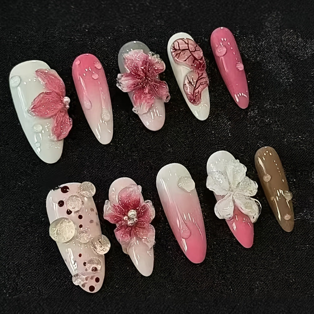 Artificial nails with floral 3D design and glitter effects Kalsten