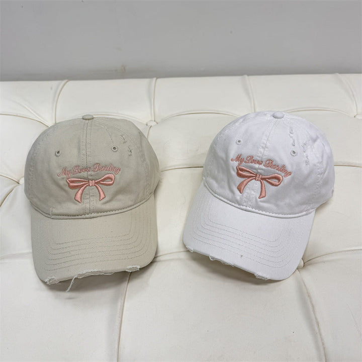 Women's Distressed Cotton Baseball Cap with Bow Embroidery Kalsten