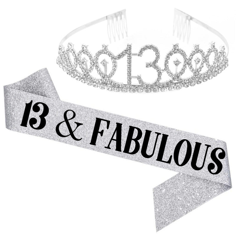 Girl Glittering Birthday Crown and Sash Set Kalsten