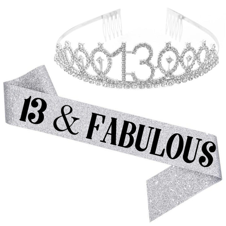 Girl Glittering Birthday Crown and Sash Set Kalsten