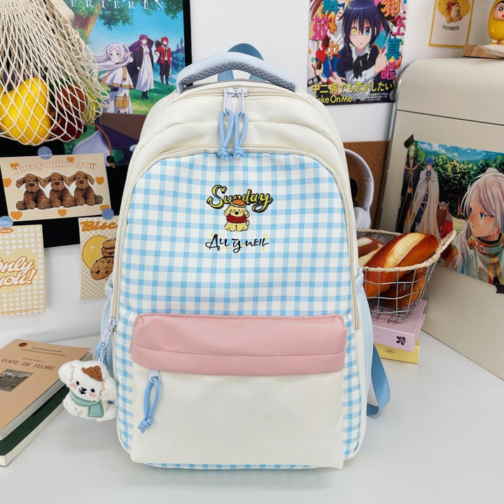 Checked Patterned Multi-Compartment School Backpack