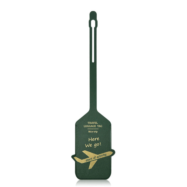premium leather travel luggage ID tag with embossed airplane motif and adjustable strap Kalsten