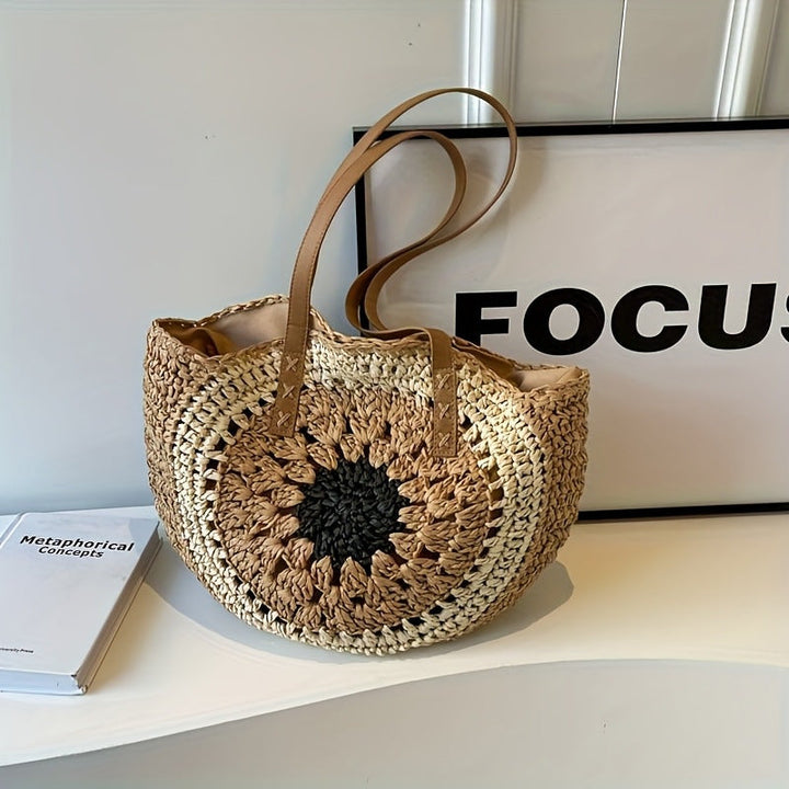 Macrame Beach Bag with Brown Leather Handles Kalsten