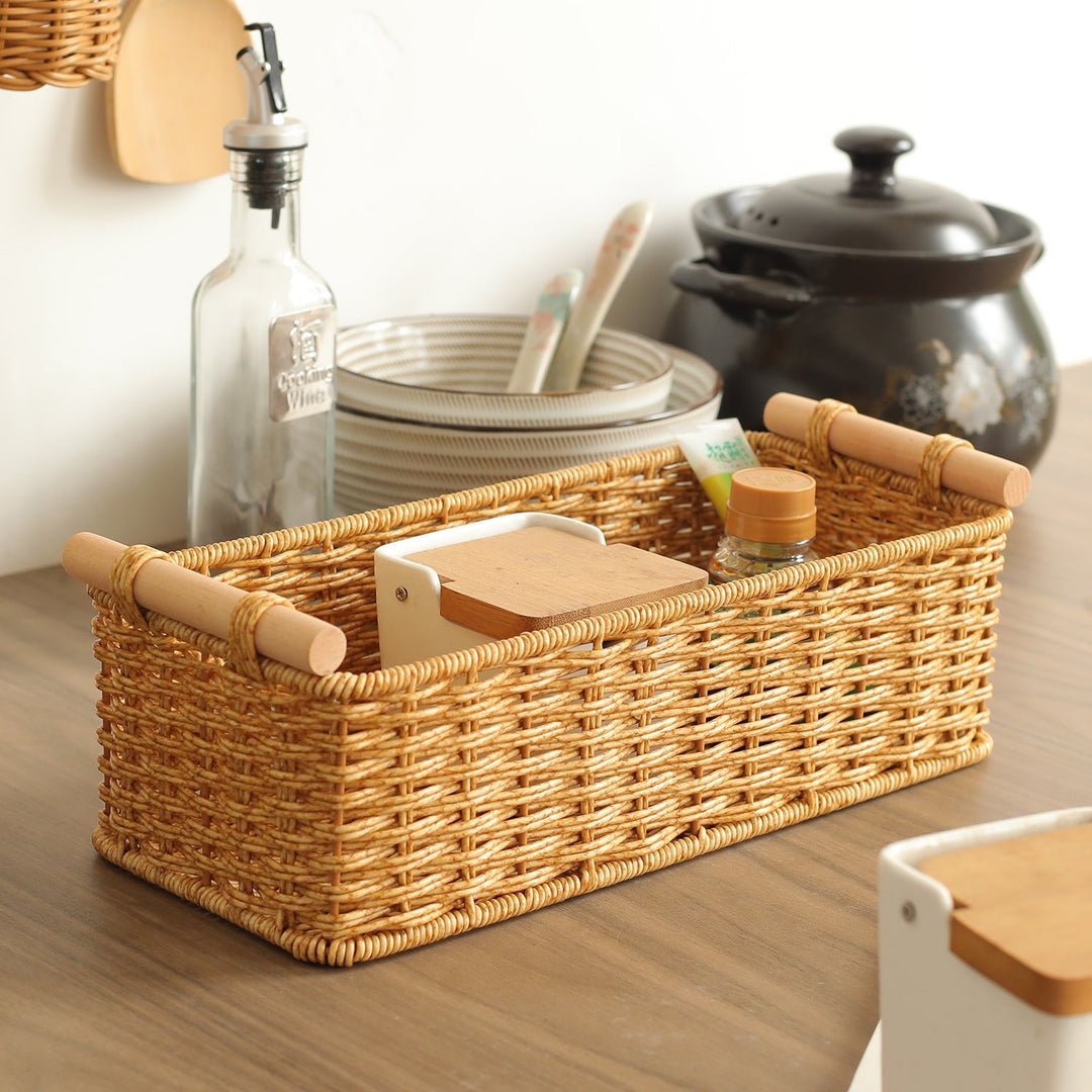 Rectangular Woven Storage Basket with Wooden Handles Kalsten