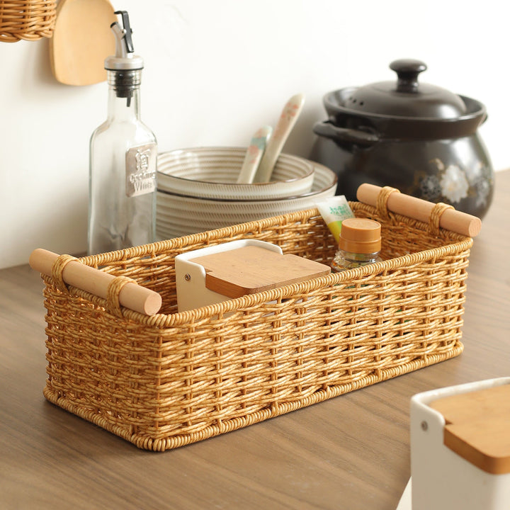 Rectangular Woven Storage Basket with Wooden Handles Kalsten