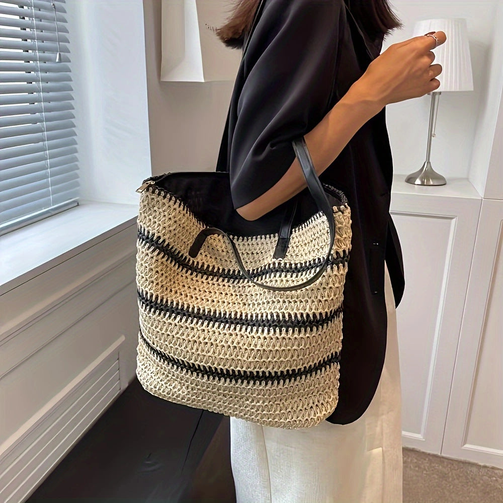 Elegant Raffia Shopping Bag with Leather Handles Kalsten