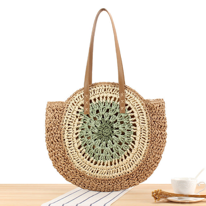 Round Bast Tote Bag with Handwoven Design Kalsten