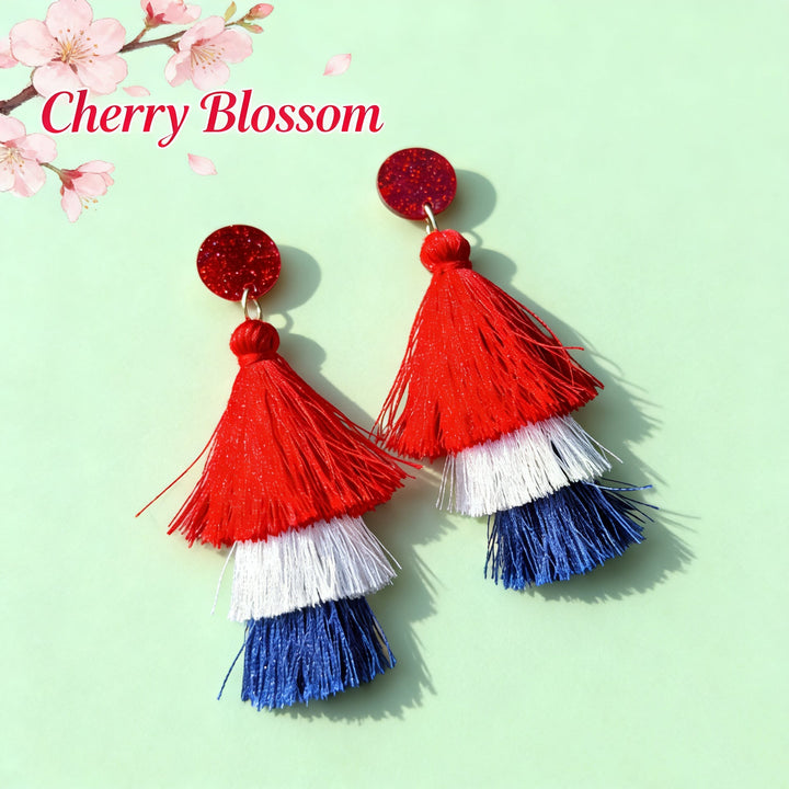 Women's nan tiered fringe tassel statement drop earrings with glitter disc stud and layered silk-like threads Kalsten