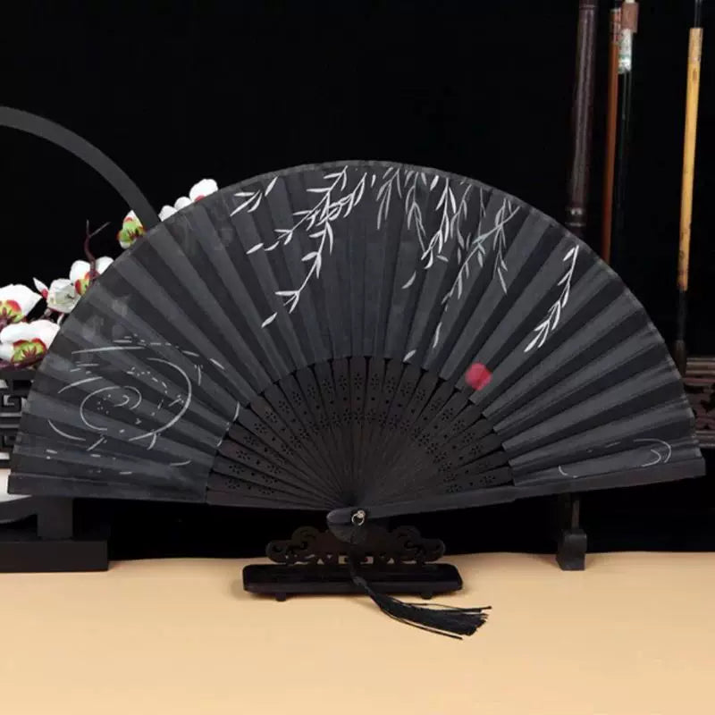 Women One Size Handmade Bamboo Pleated Fan with Hand-Painted Calligraphic Willow Pattern and Decorative Tassels