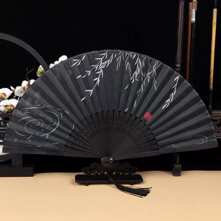 Women One Size Handmade Bamboo Pleated Fan with Hand-Painted Calligraphic Willow Pattern and Decorative Tassels
