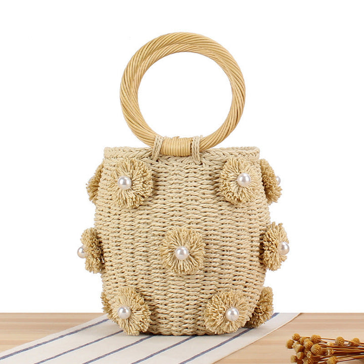 Handcrafted basket bag with bead appliqués Kalsten