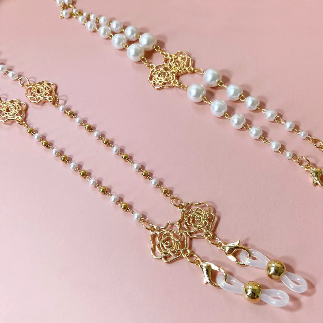 Sparkling glasses holder chain with pearls and floral pendants Kalsten