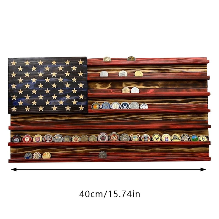 Unisex nan wall showcase for challenge coins in flag design made of rustic solid wood Kalsten