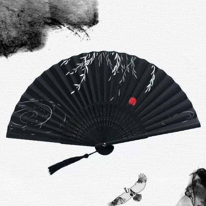 Women One Size Handmade Bamboo Pleated Fan with Hand-Painted Calligraphic Willow Pattern and Decorative Tassels