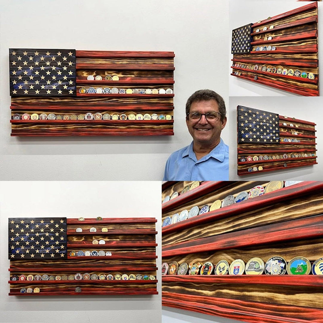 Unisex nan wall showcase for challenge coins in flag design made of rustic solid wood Kalsten