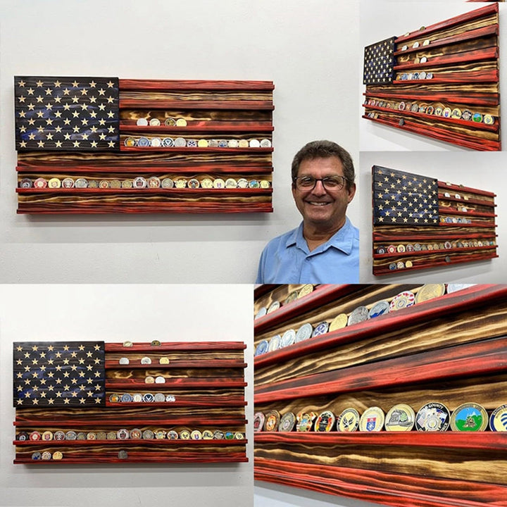 Unisex nan wall showcase for challenge coins in flag design made of rustic solid wood Kalsten