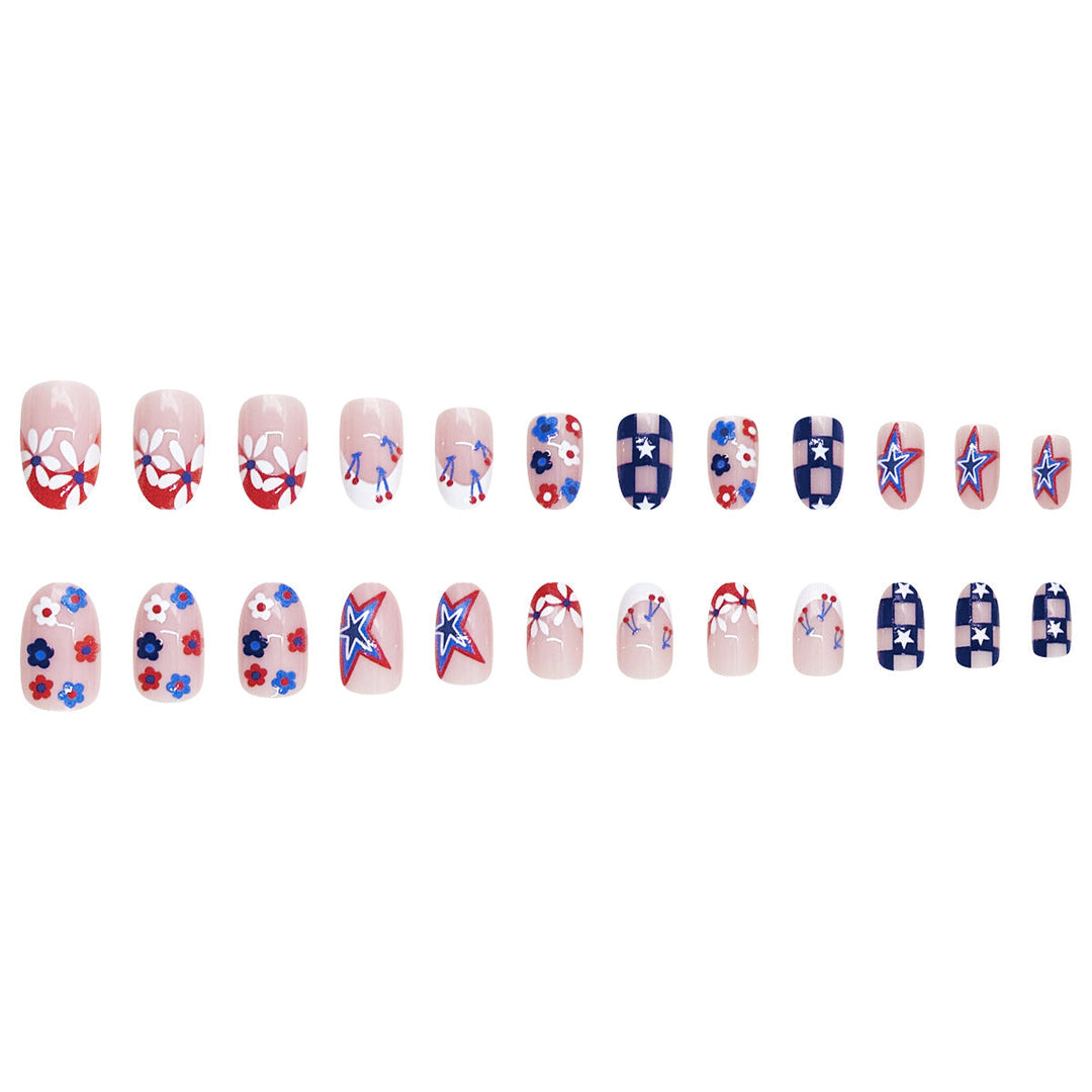 Women's nan patriotic star and floral press-on nail kit with mixed shapes and glossy finish Kalsten