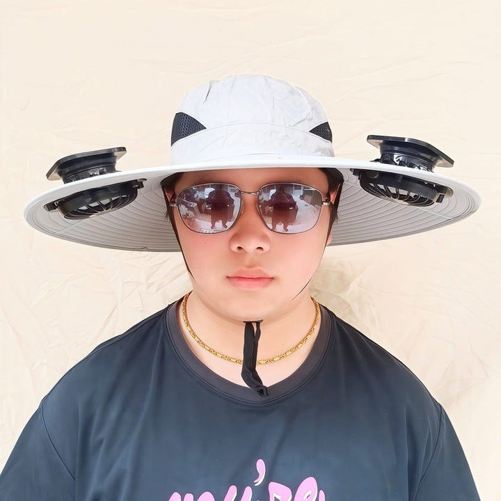 Wide-brimmed sun hat with detachable swivel solar fans and adjustable chin strap Kalsten