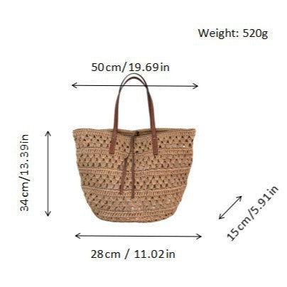 Woven natural material handbag with leather handles Kalsten