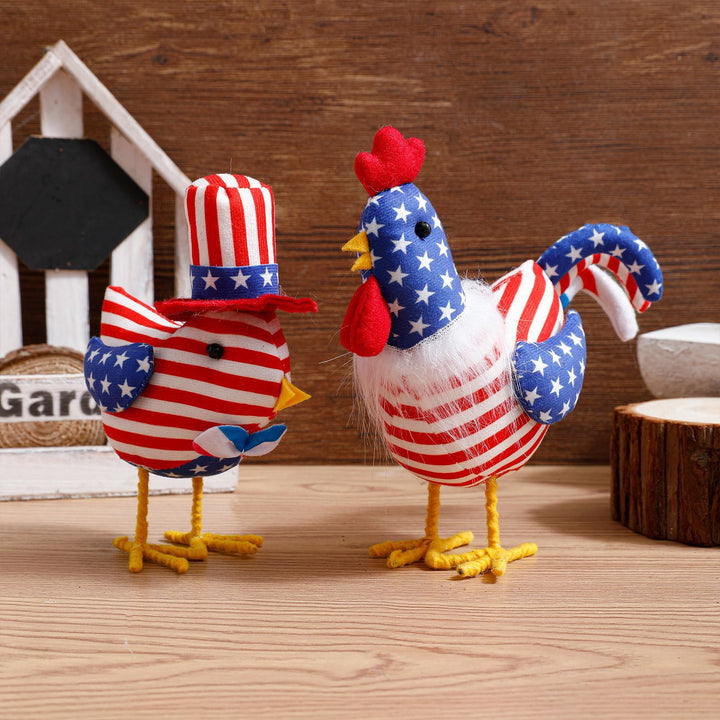 Unisex nan decorative plush rooster in Americana design with star pattern and standing wire legs Kalsten