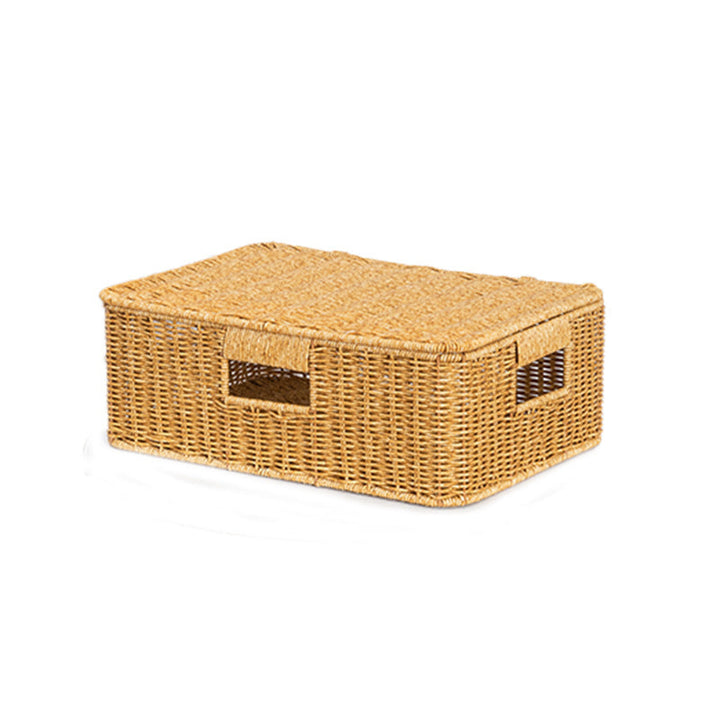 Women's Rectangular Storage Basket with Lid made of Natural Material Kalsten