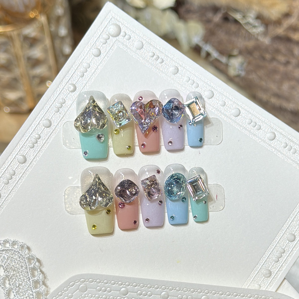 Artistic Press-On Nail Set with Gemstone Embellishments Acalora