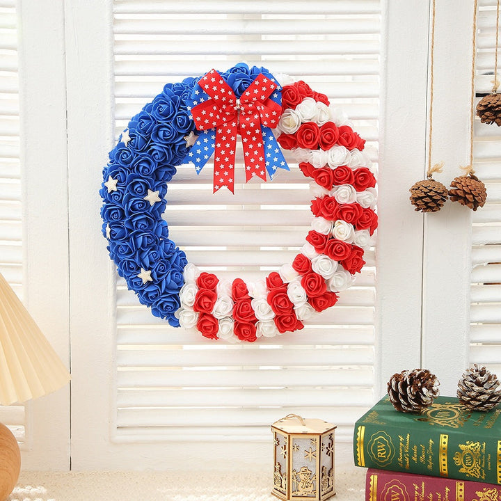 Unisex nan decorative foam rose door wreath with star appliqués and bow accent Kalsten
