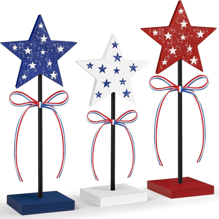 Unisex decorative table toppers made of wood with glittering star tops and ribbon Kalsten