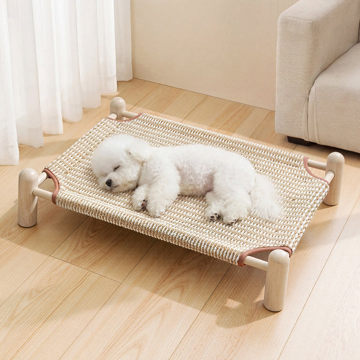 Unisex nan raised wooden pet bed with breathable, woven cover Kalsten