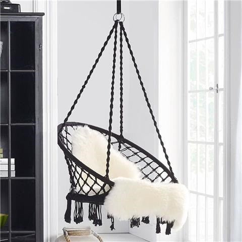 Macrame hanging chair with complete ceiling mounting kit and decorative tassel fringe Kalsten